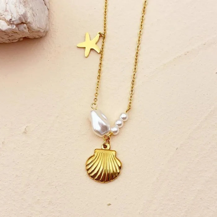 Starfish, Pearl Seashell Charms Pendant Chain -Demifine 18KT Gold Plated