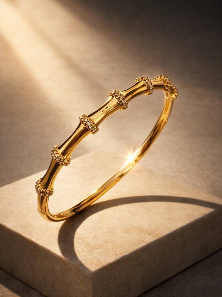 Bamboo Zirconia Studded Cuff Bracelet -18KT Gold Plated