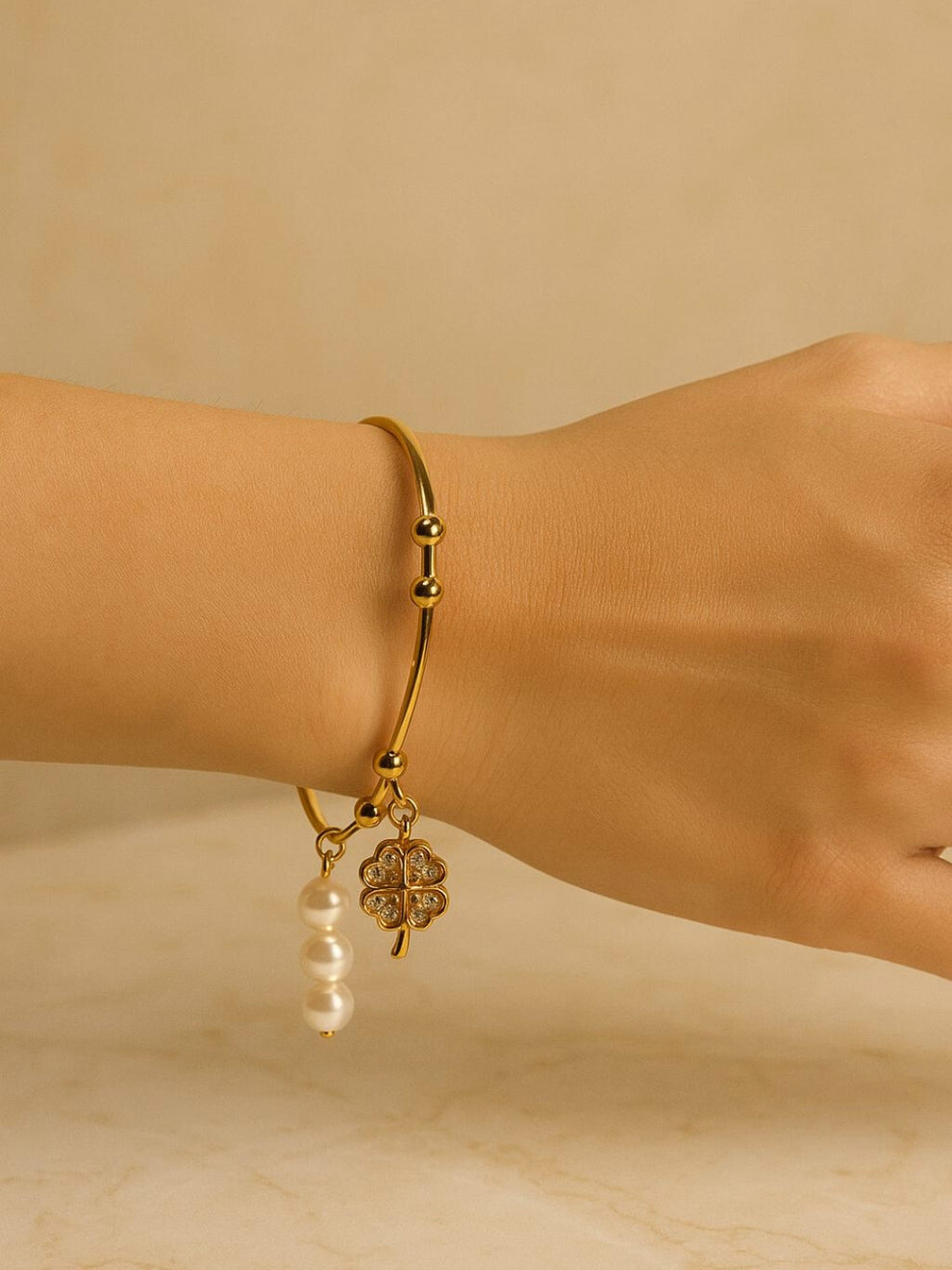 Clover Diamond Cuff Bracelet -18KT Gold Plated