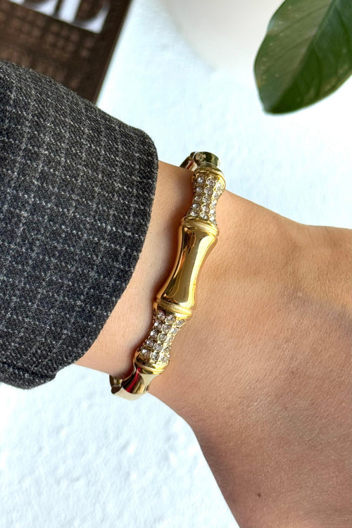 Bamboo Zirconia Studded Cuff Bracelet -18KT Gold Plated
