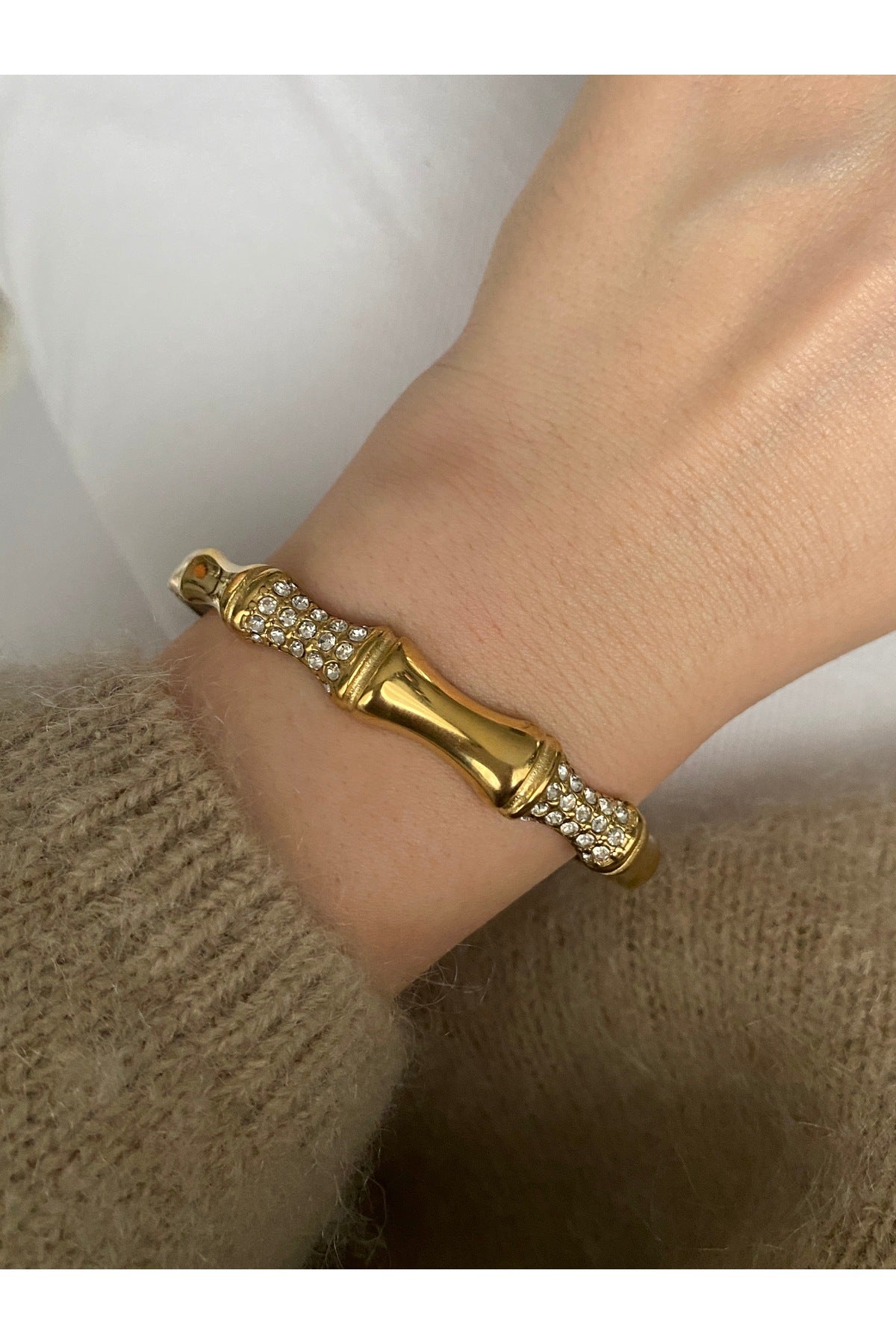 Bamboo Zirconia Studded Cuff Bracelet -18KT Gold Plated