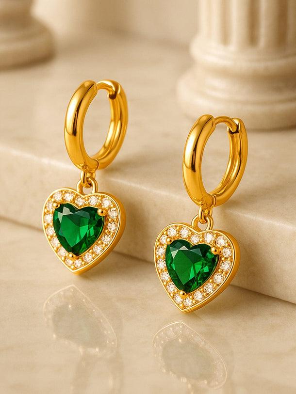 Emerald Heart Huggies Earrings -18KT Gold Plated