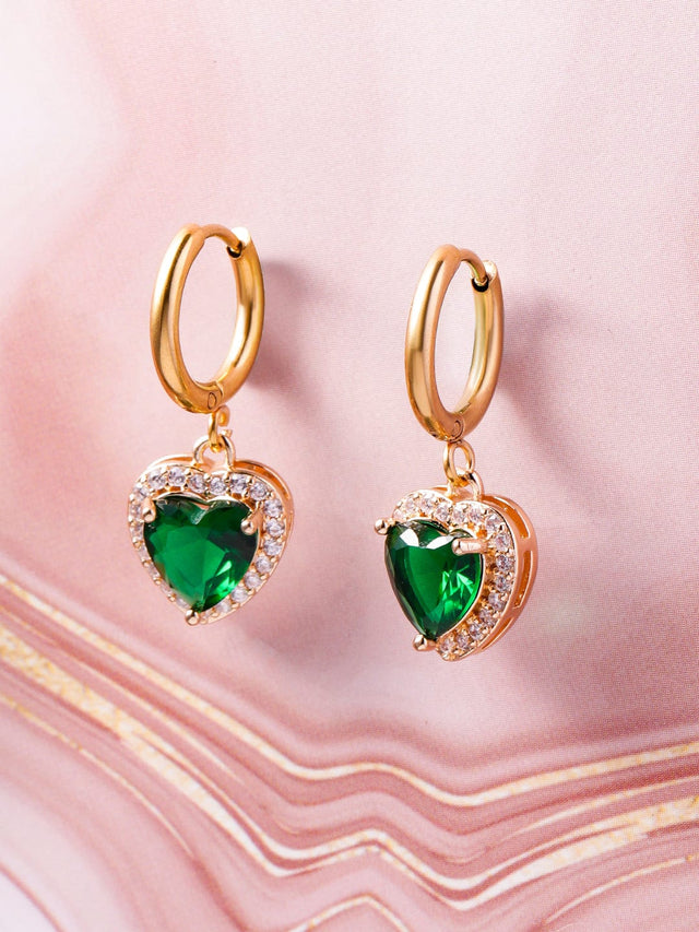 Emerald Heart Huggies Earrings -18KT Gold Plated