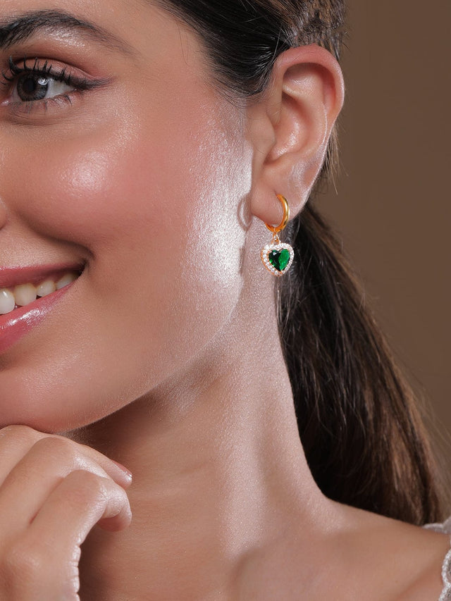 Emerald Heart Huggies Earrings -18KT Gold Plated