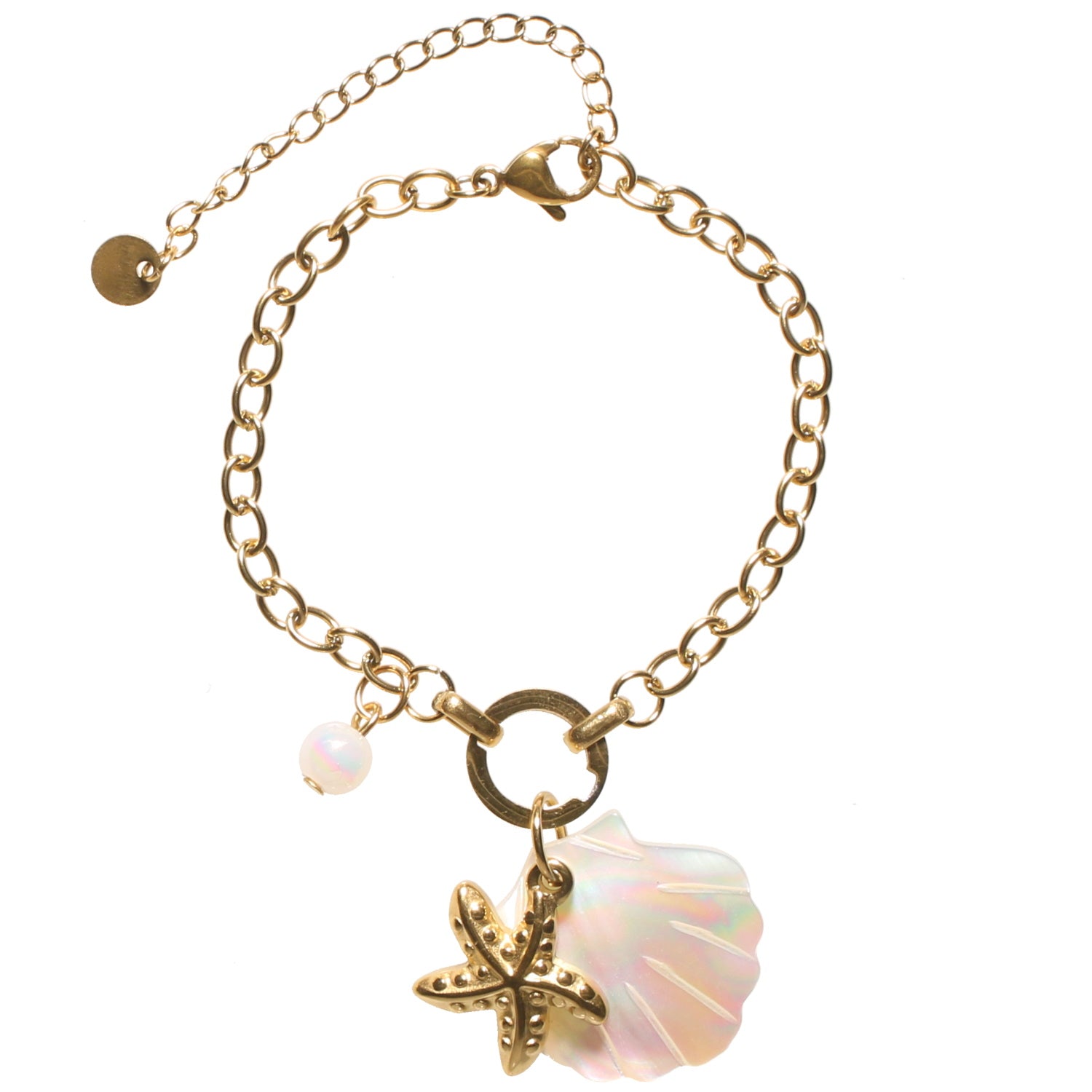 Beachy Starfish, Shell, Pearl Charms Bracelet - Demifine 18KT Gold Plated