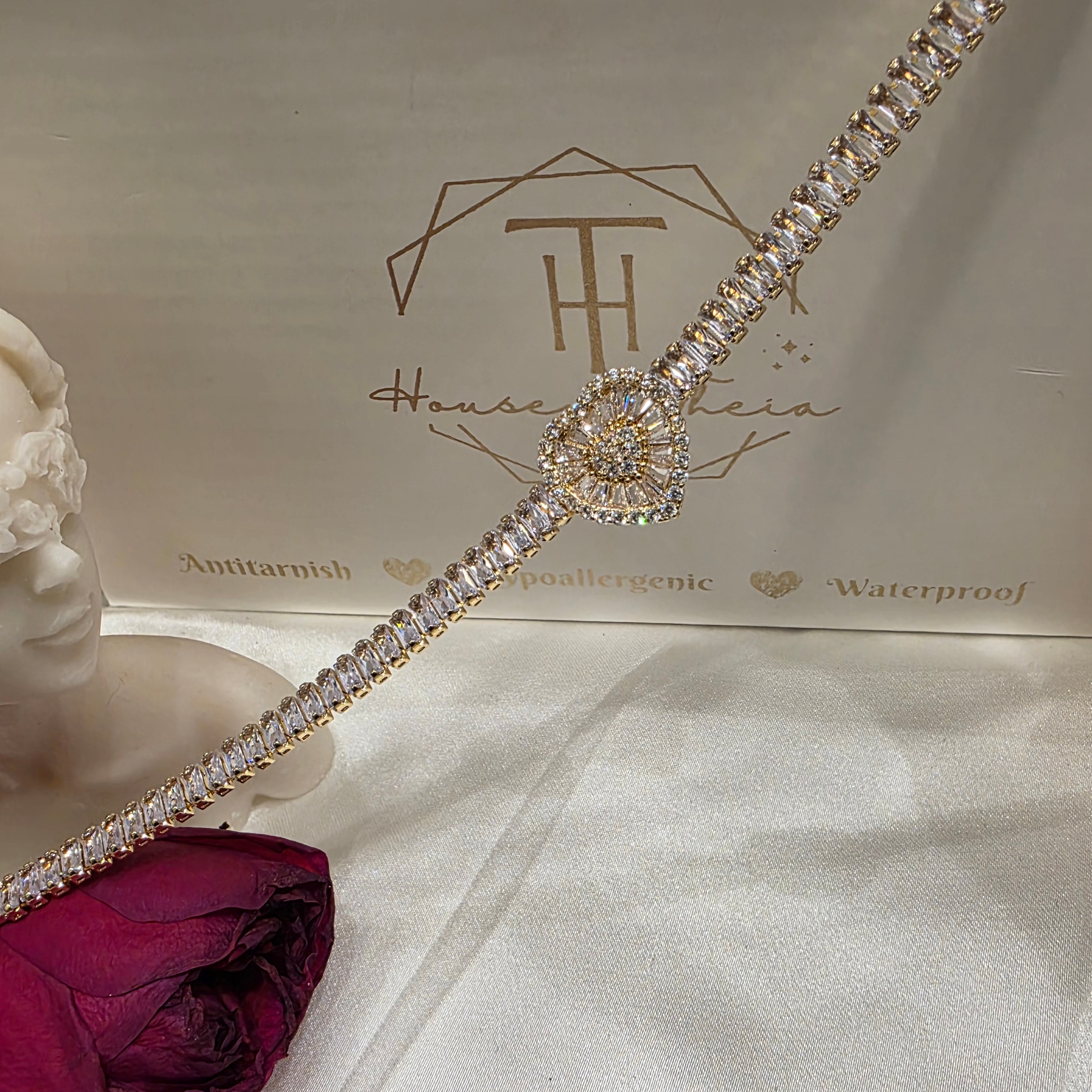 Cubic Zirconia Studded Ray of Heart Tennis Bracelet - Demifine 18KT Gold Plated