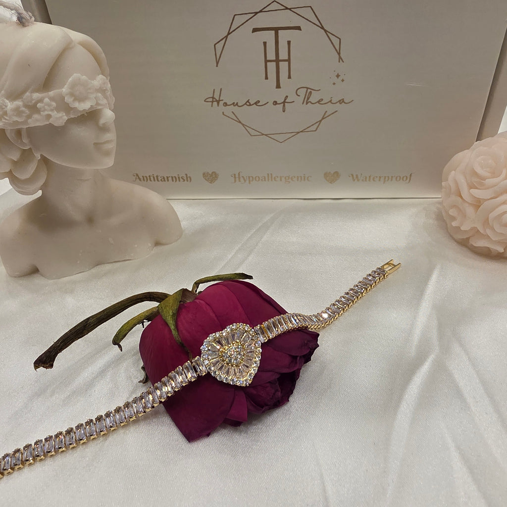 Cubic Zirconia Studded Ray of Heart Tennis Bracelet - Demifine 18KT Gold Plated