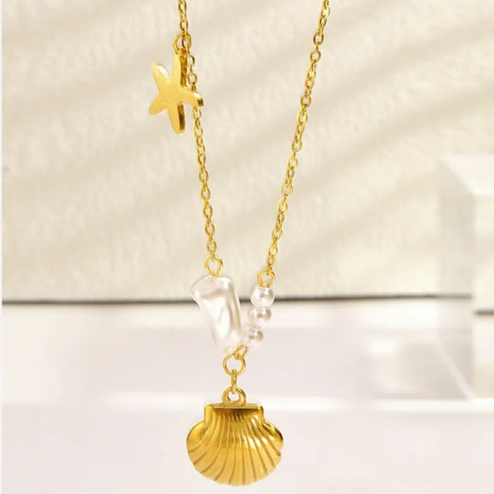 Starfish, Pearl Seashell Charms Pendant Chain -Demifine 18KT Gold Plated