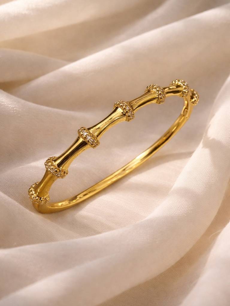 Bamboo Zirconia Studded Cuff Bracelet -18KT Gold Plated