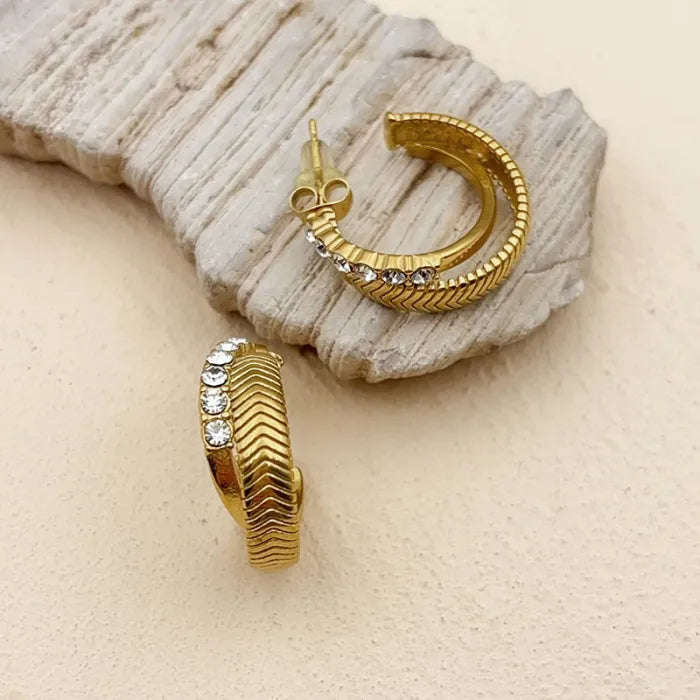 Textured Diamond Studded Double Hoop Earring - Demifine 18KT Gold Plated