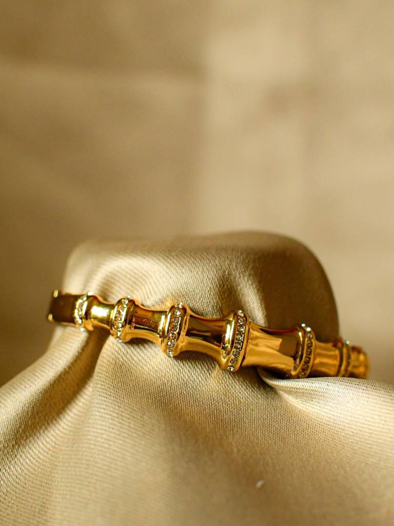 Bamboo Zirconia Studded Cuff Bracelet -18KT Gold Plated