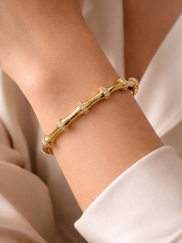 Bamboo Zirconia Studded Cuff Bracelet -18KT Gold Plated