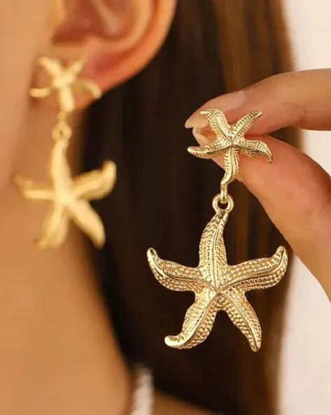 Textured Double Starfish Statement Dangling Earrings - Demifine 18KT Gold Plated