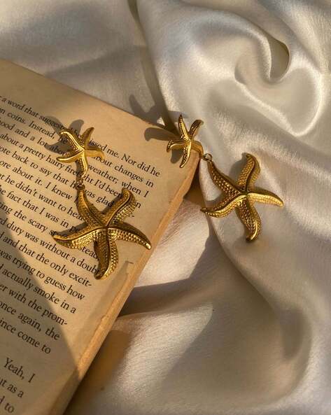 Textured Double Starfish Statement Dangling Earring - Demifine 18KT Gold Plated