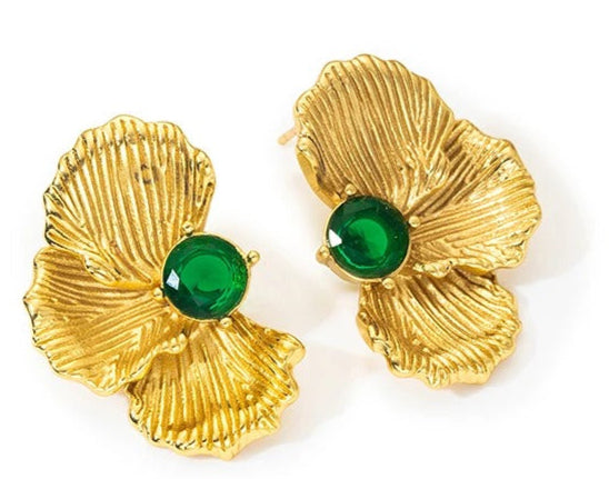 Emerald Stone Floral Statement Earring - Demifine 18KT Gold Plated