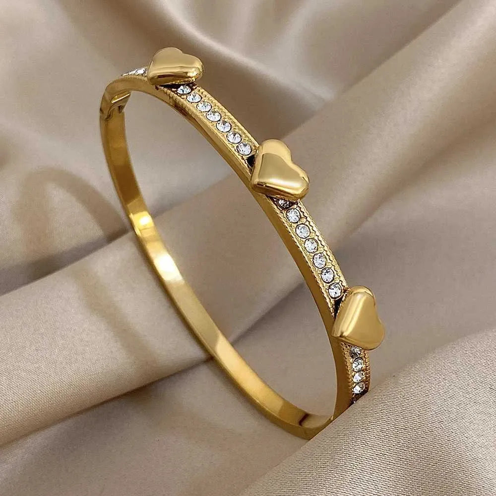 Heart to Heart Diamond Studded Cuff Bracelet - Demifine 18KT Gold Plated