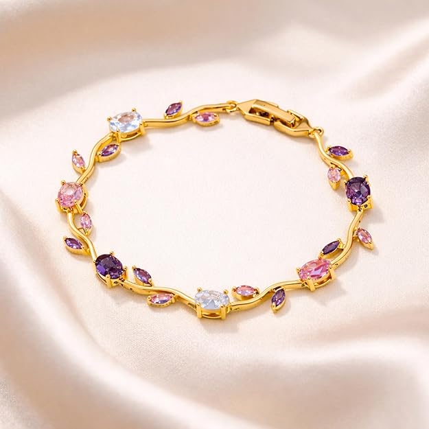 The Amethyst & Rose Quartz Tulip Bracelet -18KT Gold Plated