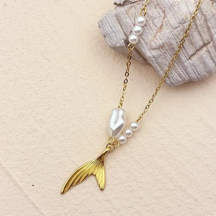 Pearl studded Mermaid Charms Pendant Chain - Demifine 18KT Gold Plated