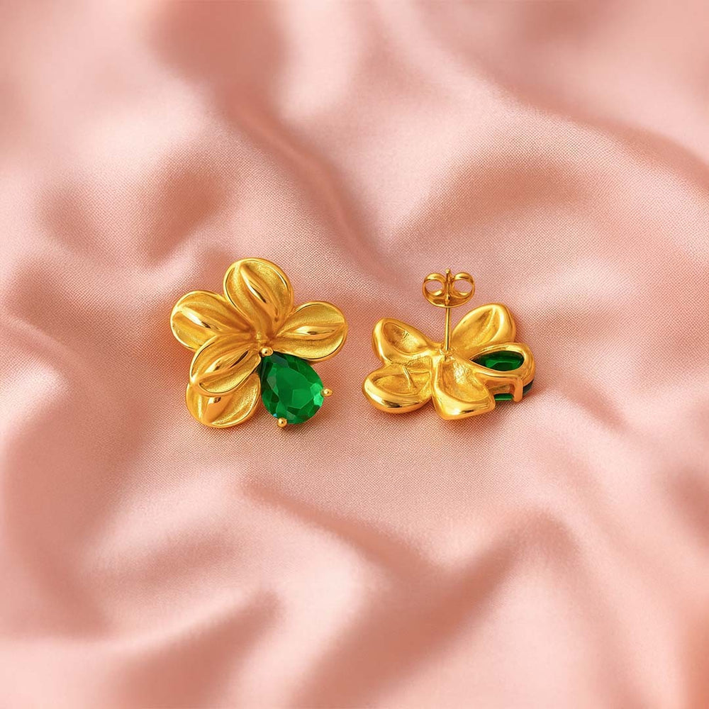 Emerald Floral Statement Stud Earrings - Demifine 18KT Gold Plated