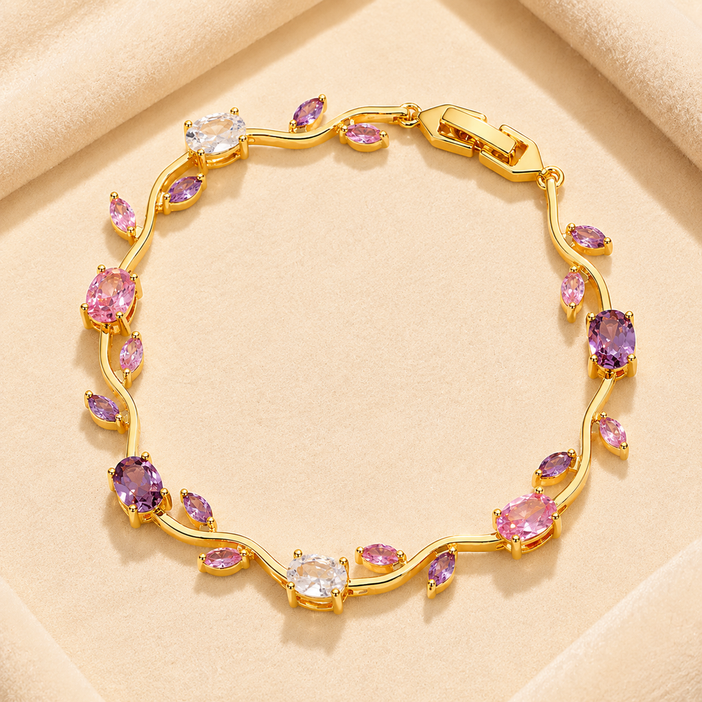 The Amethyst & Rose Quartz Tulip Bracelet -18KT Gold Plated