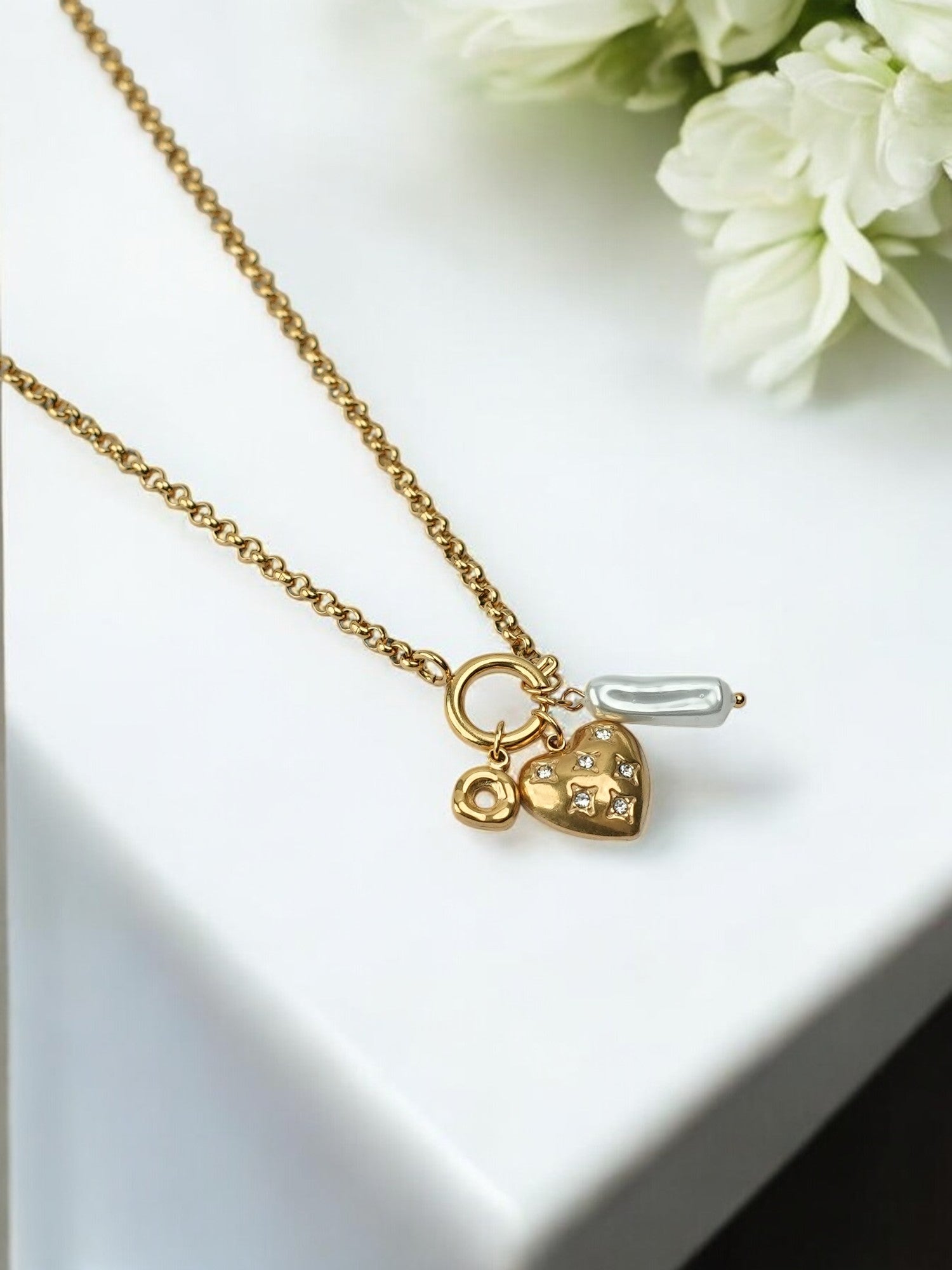 Multi charm MOP Studded Heart Pendant - 18KT Gold Plated