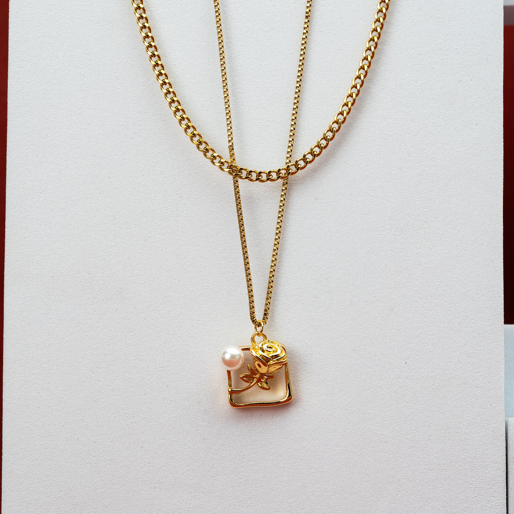 Perlaire Rose Multilayer Pendant -18KT Gold Plated