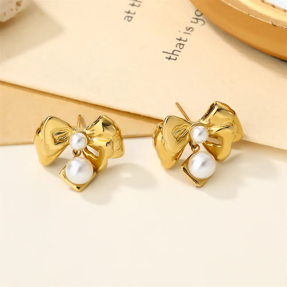dangling pearl bow Earring - Demifine 18KT Gold Plated