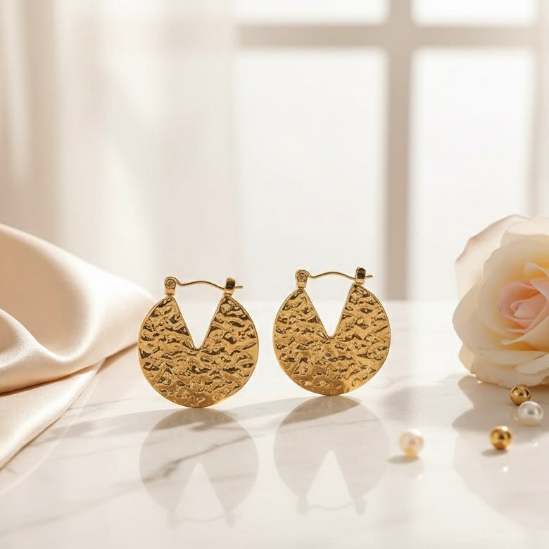 Textured Round Hoop Earrings - Demifine 18KT Gold Plated