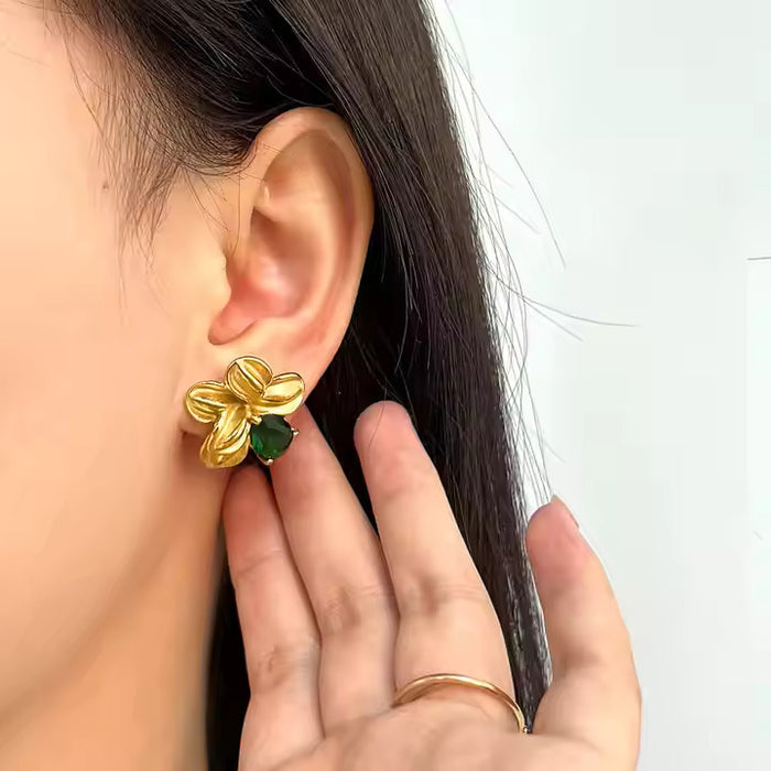 Emerald Floral Statement Stud Earrings - Demifine 18KT Gold Plated