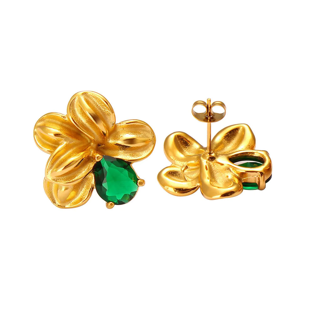 Emerald Floral Statement Stud Earrings - Demifine 18KT Gold Plated