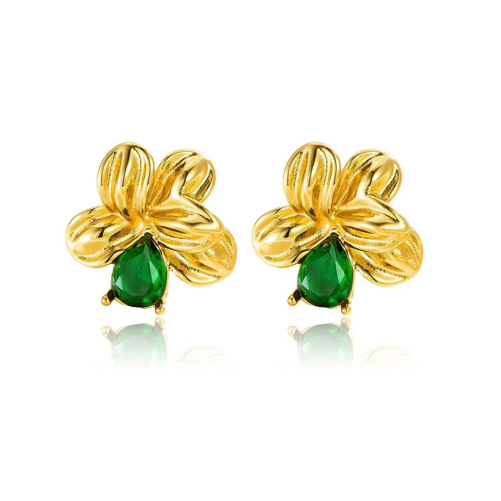 Emerald Floral Statement Stud Earrings - Demifine 18KT Gold Plated