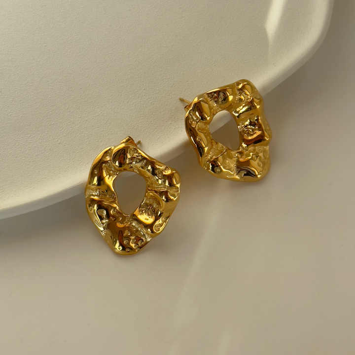 Hammered Textured Round Stud Earring - Demifine 18KT Gold Plated