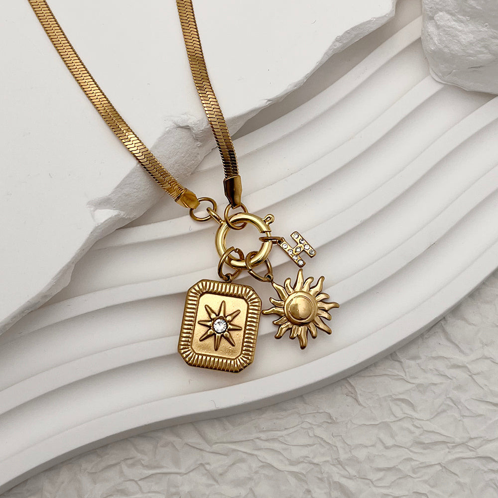 Celestial Star, Sun and H Alphabet Charms Pendant Chain - Demifine 18KT Gold Plated