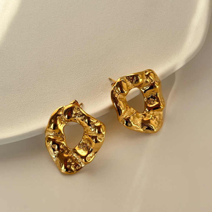 Hammered Textured Round Stud Earring - Demifine 18KT Gold Plated