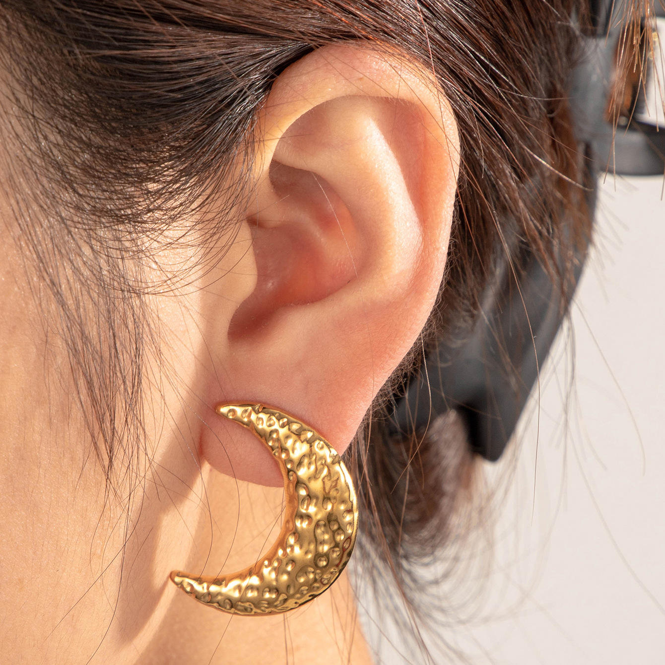 Textured Moon Statement Stud Earring - Demifine 18KT Gold Plated