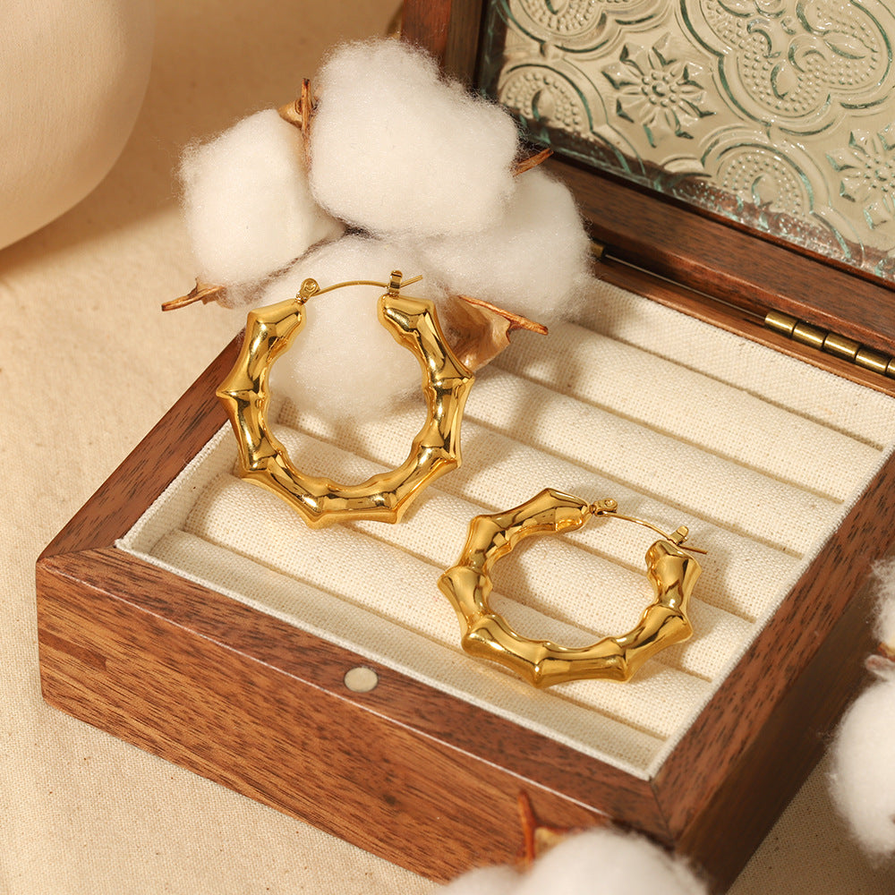 Hollow Bamboo Hoop Earrings -18KT Gold Plated