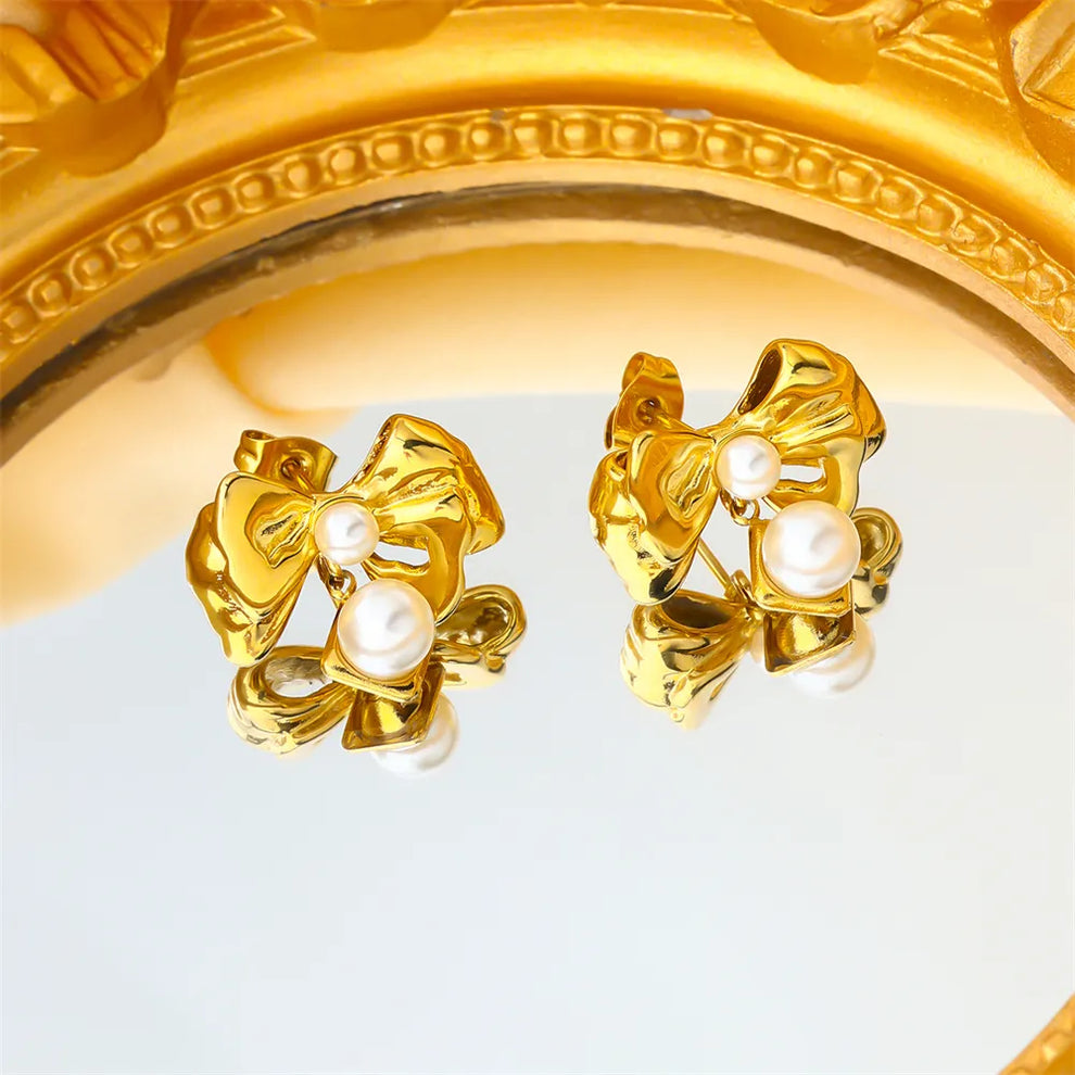 dangling pearl bow Earring - Demifine 18KT Gold Plated