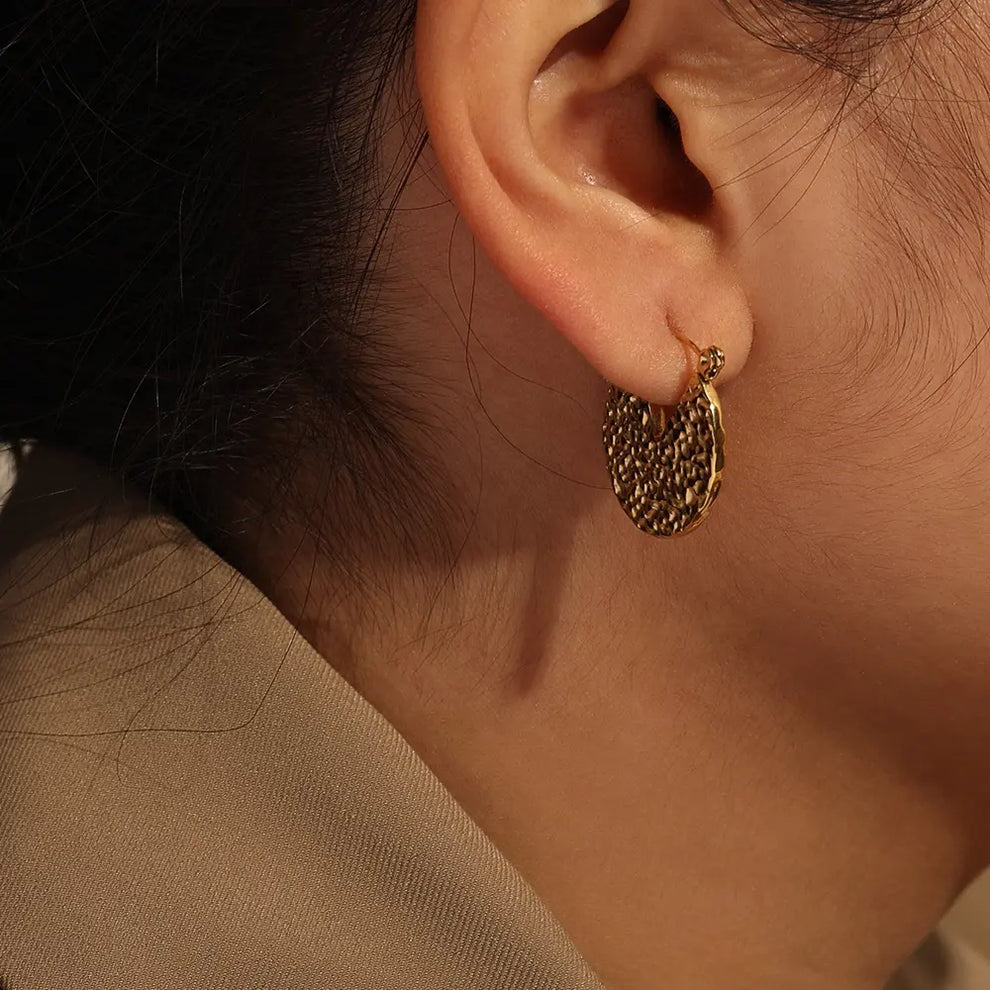 Textured Round Hoop Earrings - Demifine 18KT Gold Plated