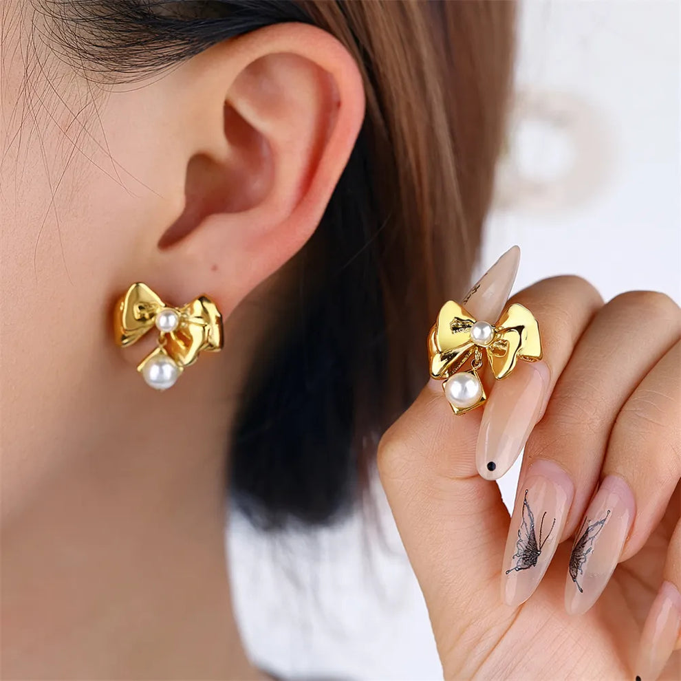 dangling pearl bow Earring - Demifine 18KT Gold Plated