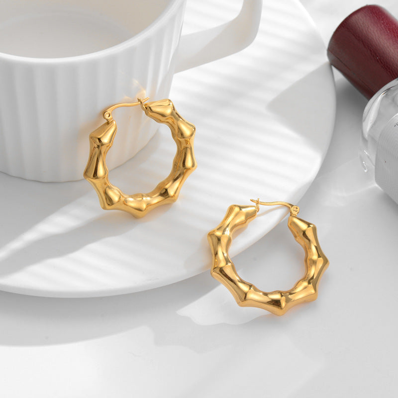 Hollow Bamboo Hoop Earrings -18KT Gold Plated