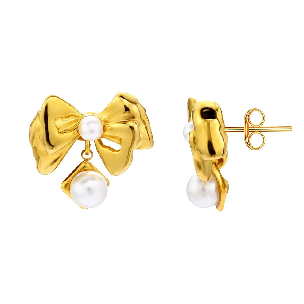 dangling pearl bow Earring - Demifine 18KT Gold Plated