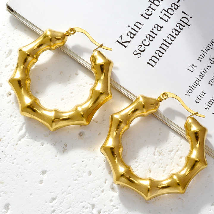 Hollow Bamboo Hoop Earrings -18KT Gold Plated