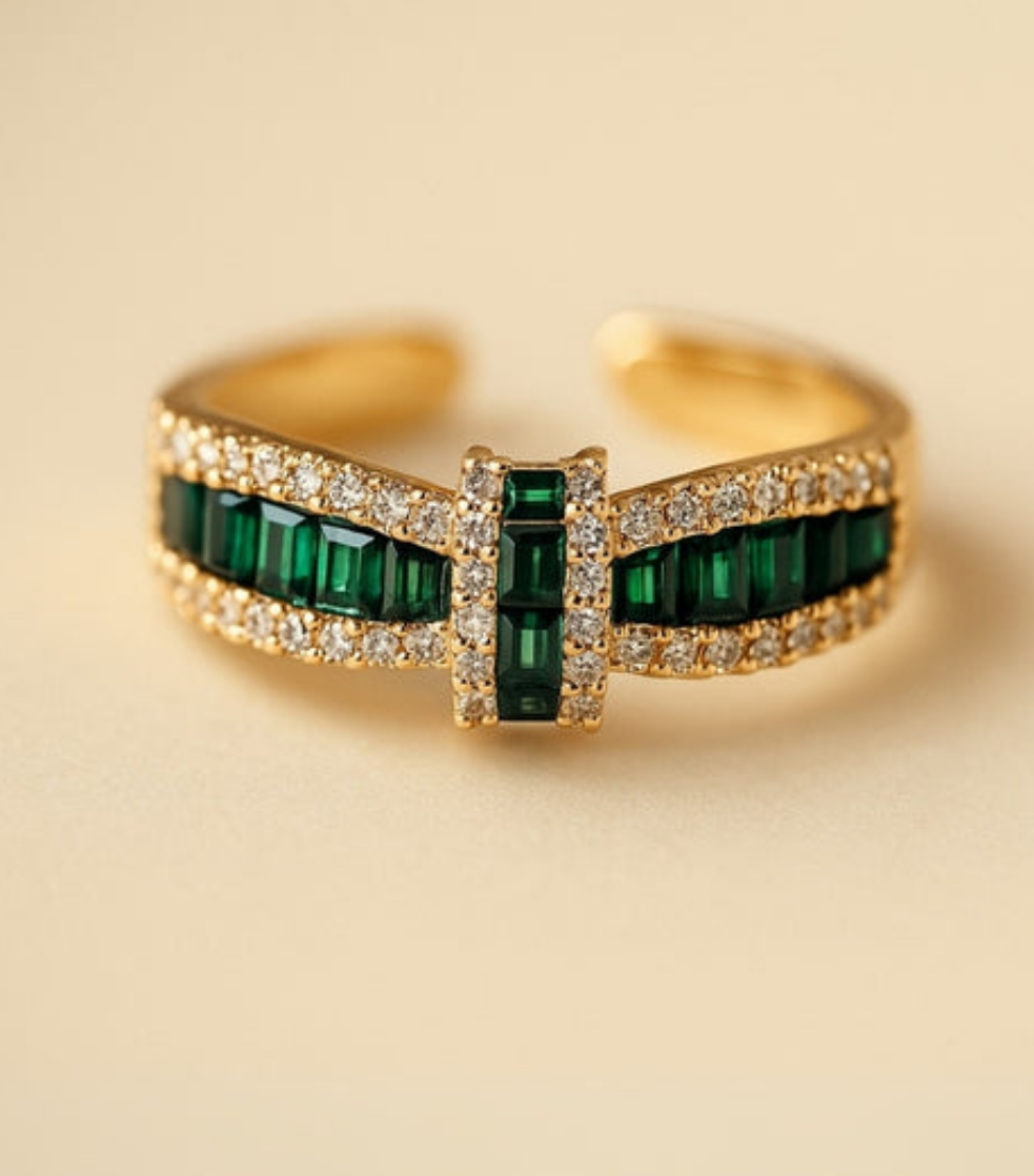 Emerald Regal Bow Ring - Demifine 18KT Gold Plated