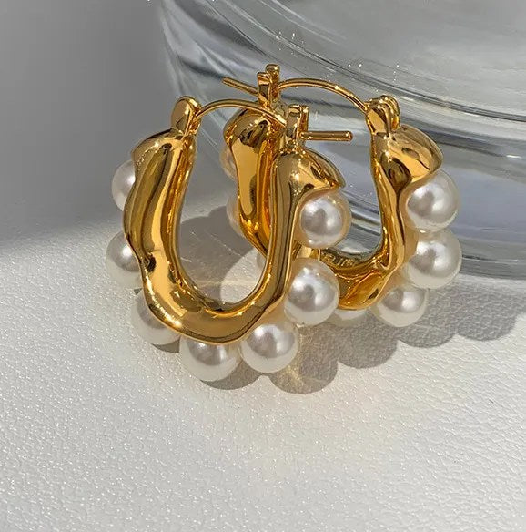 Pearl Drop Hoop Earrings - Demifine 18KT Gold Plated