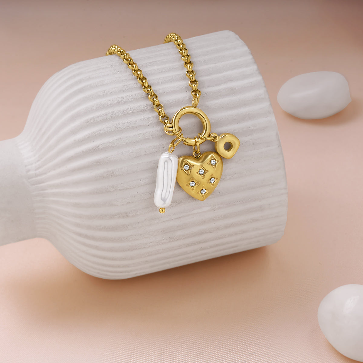 Multi charm MOP Studded Heart Pendant - 18KT Gold Plated