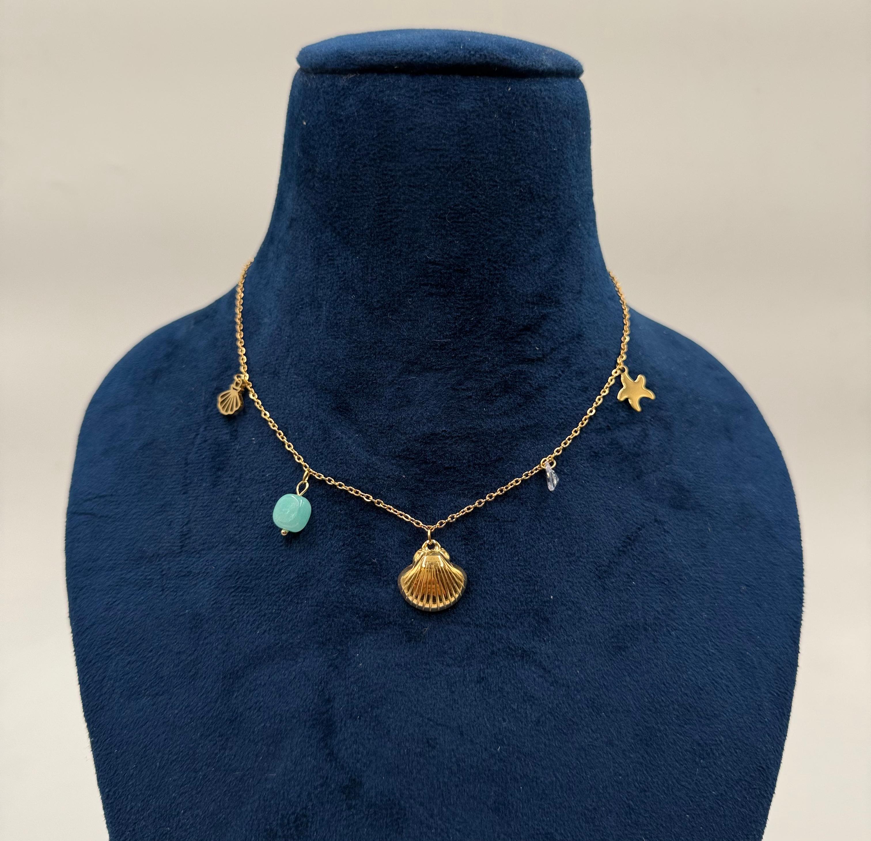 Starfish, Turquoise Seashell Charms Pendant Chain - Demifine 18KT Gold Plated