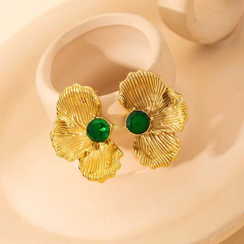 Emerald Stone Floral Statement Earring - Demifine 18KT Gold Plated