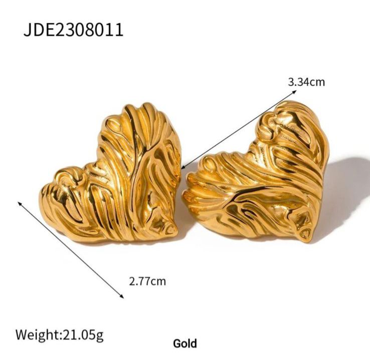 18K Gold Plated Tarnish-Free Waterproof Textured Heart Stud Earring