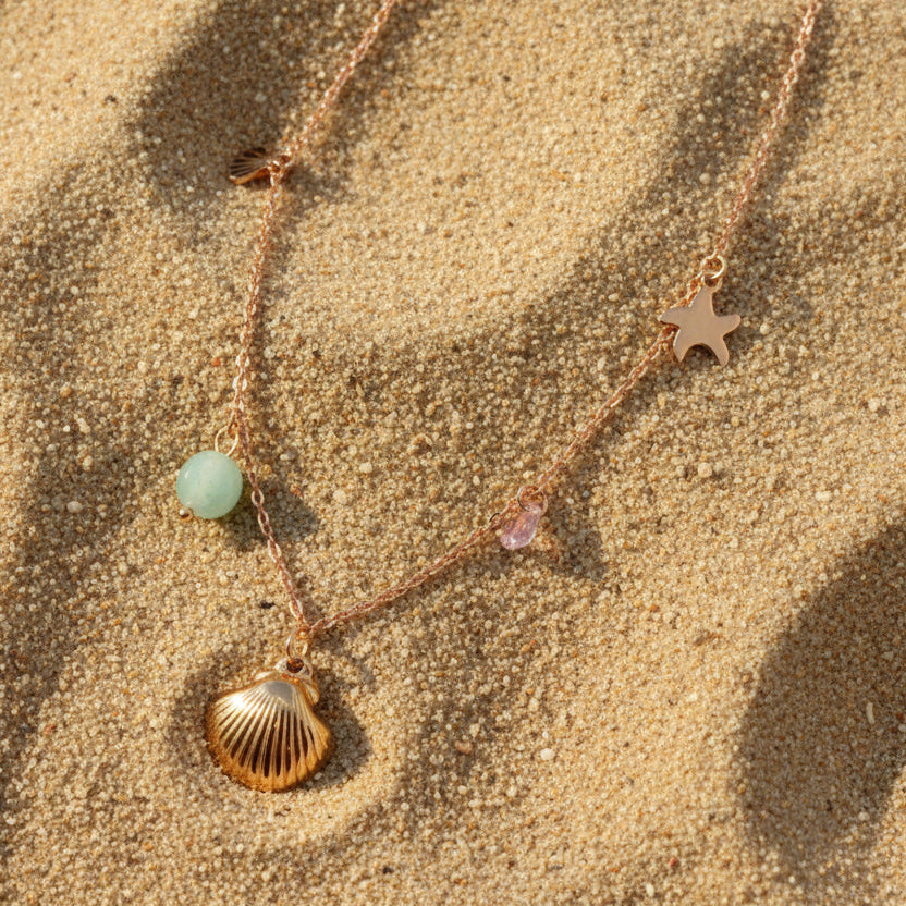 Starfish, Turquoise Seashell Charms Pendant Chain - Demifine 18KT Gold Plated
