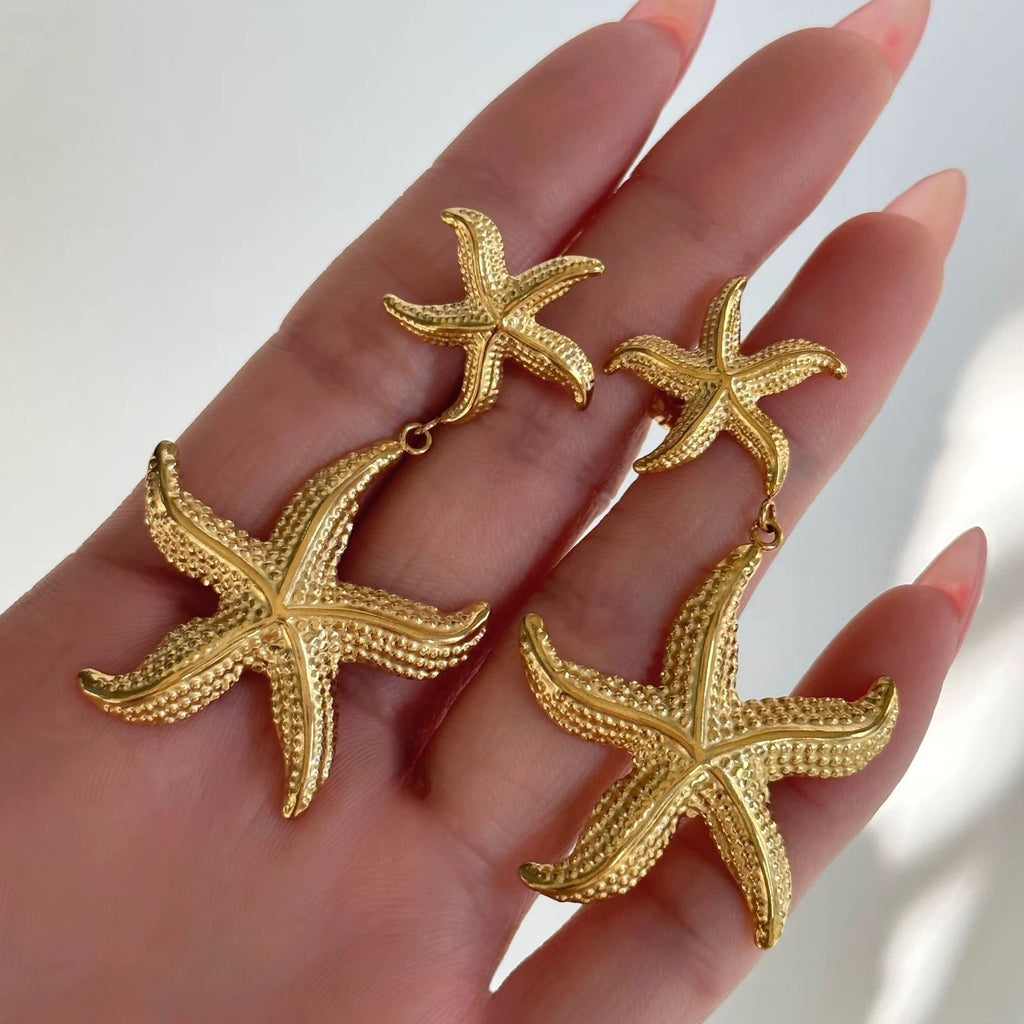 Textured Double Starfish Statement Dangling Earrings - Demifine 18KT Gold Plated